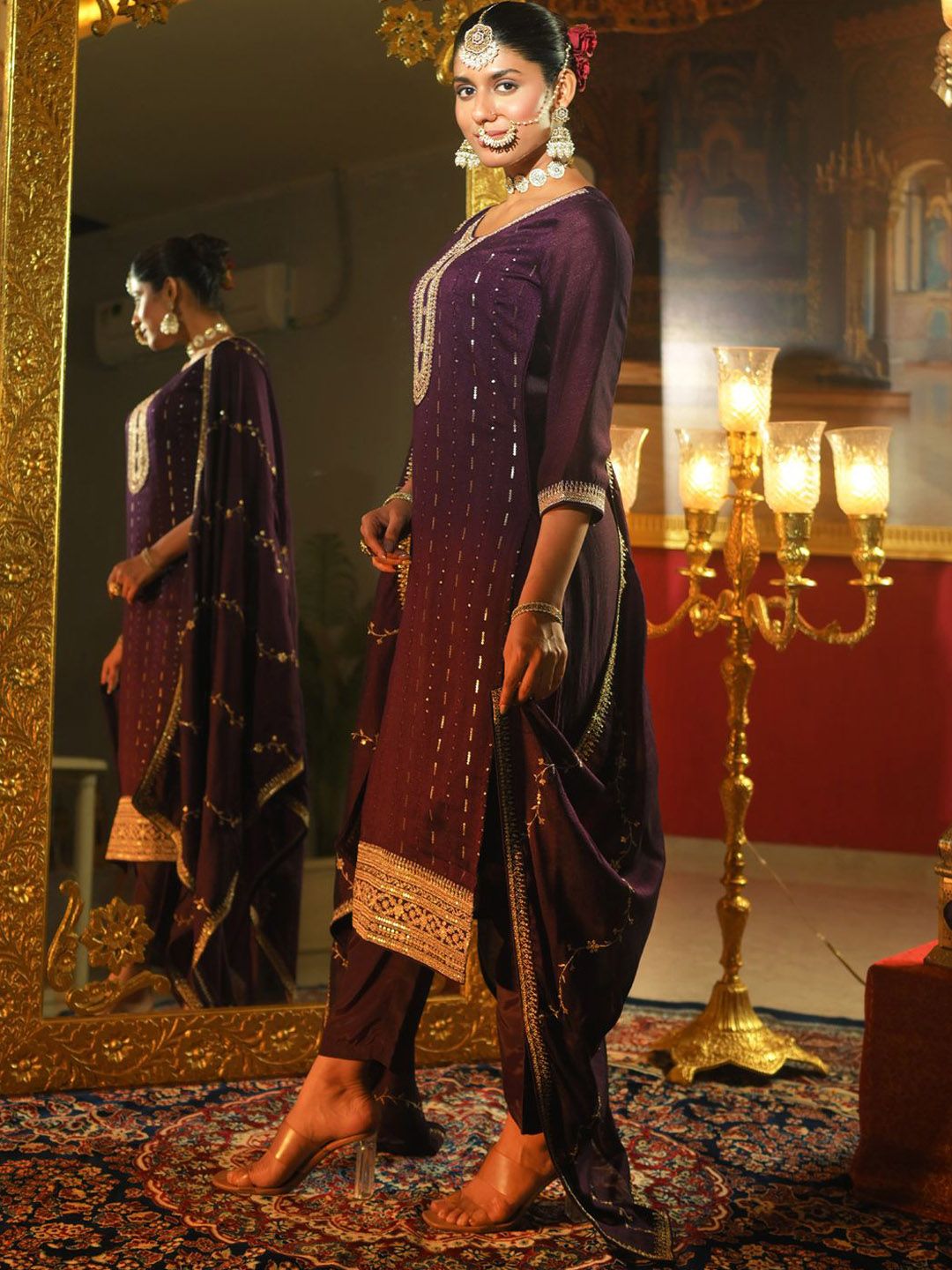 Sequinned Embroidered Round Neck Kurta With Trousers & Dupatta