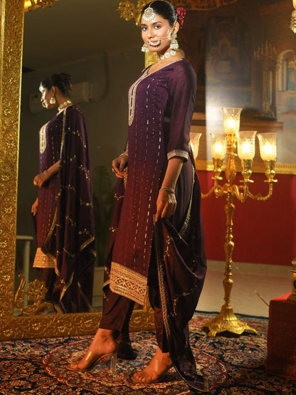 Sequinned Embroidered Round Neck Kurta With Trousers & Dupatta