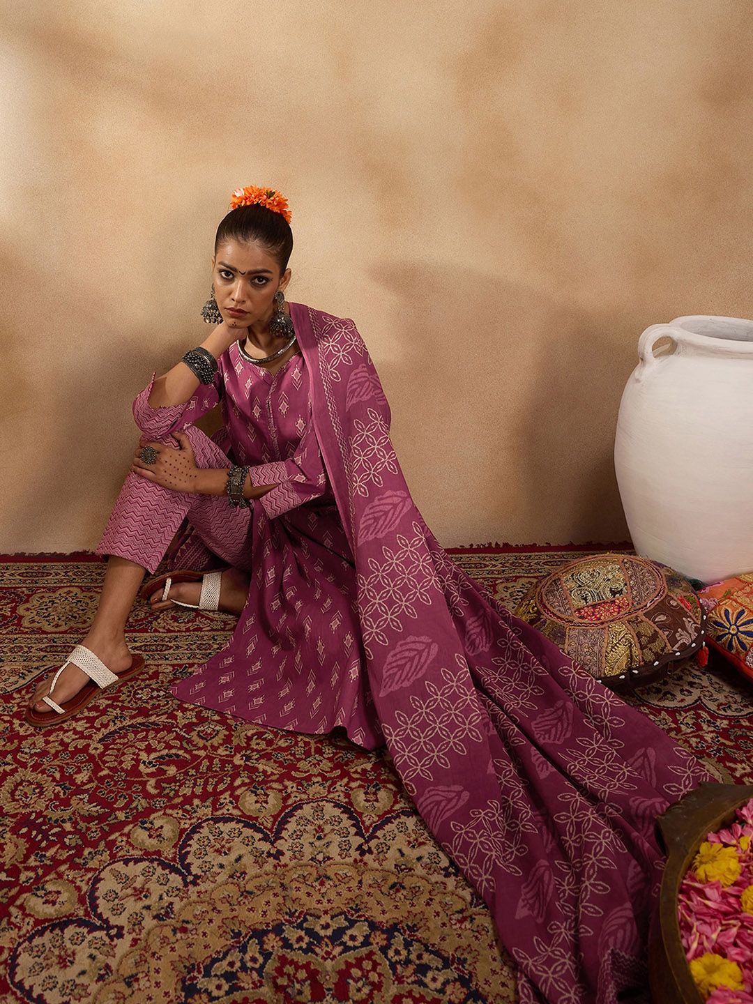 Dhiyona IE Ethnic Motifs Printed Pure Cotton Straight Kurta with Trousers & Dupatta