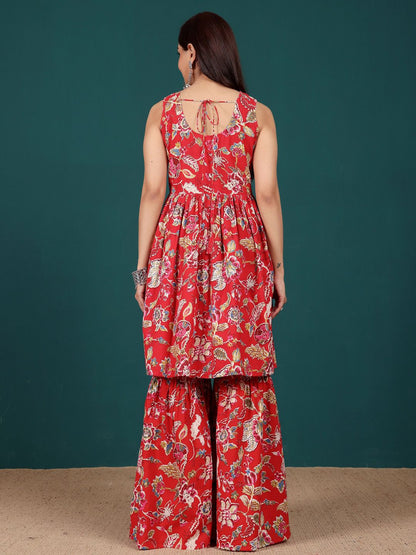 Dhiyona VA Women's Floral Printed Regular Thread Work Pure Cotton Kurta with Sharara