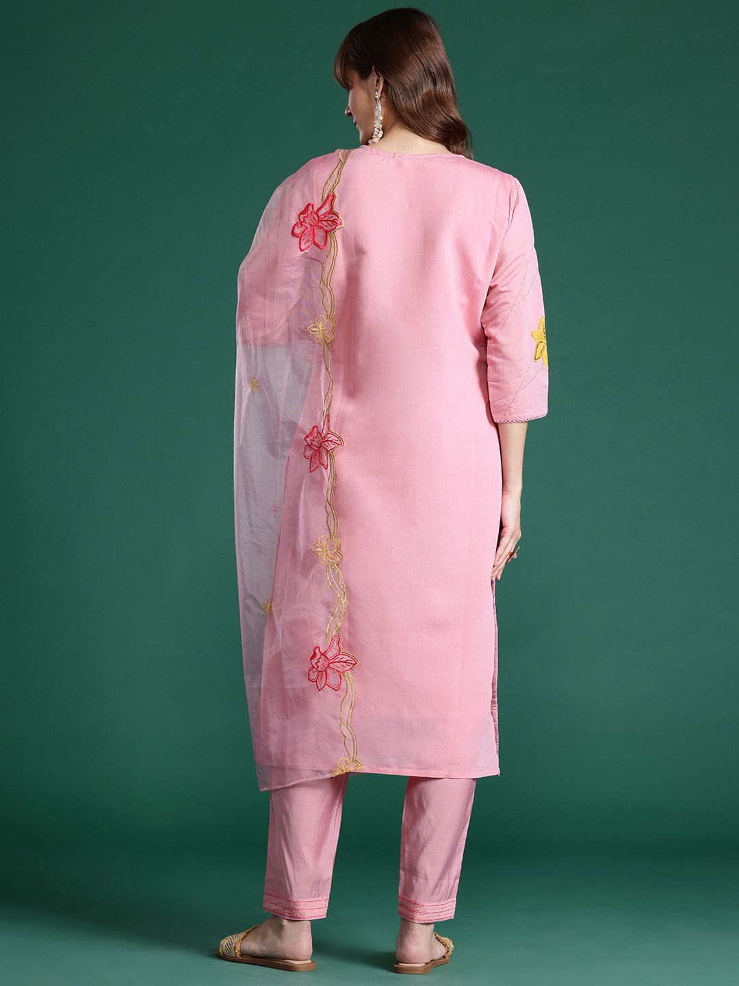 Floral Embroidered Sequinned Kurta with Trousers & Dupatta