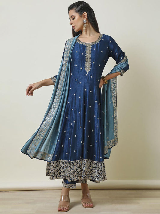 Dhiyona SO Women's Floral Embroidered Regular Sequinned Anarkali Kurta with Trousers & Dupatta