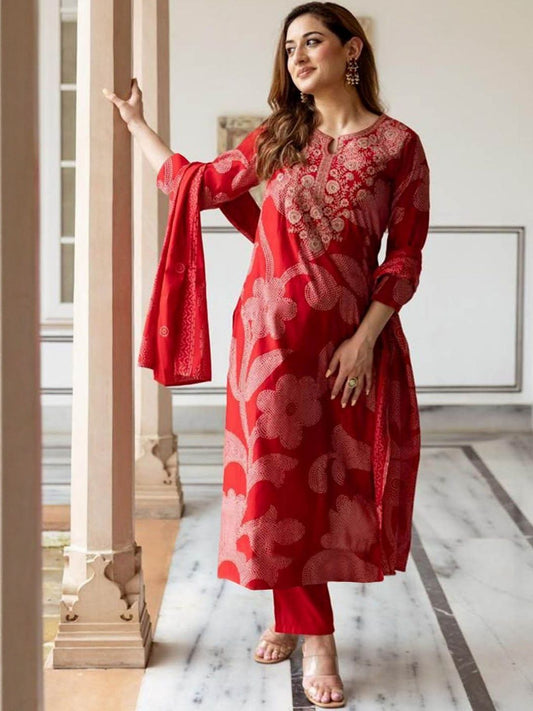 Dhiyona KL Floral Printed Thread Work Notch Neck Straight Kurta With Trousers & Dupatta