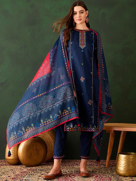 Dhiyona SN Women's Geometric Embroidered Sequinned Straight Kurta & Trouser With Dupatta