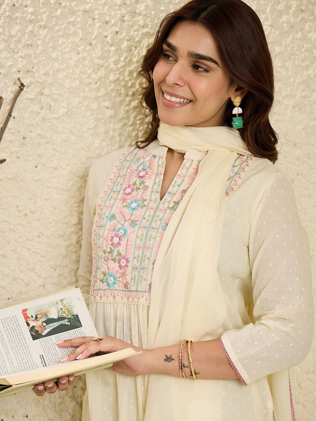 Dhiyona IE Floral Embroidered Mirror Work Pure Cotton Kurta With Trousers & Dupatta