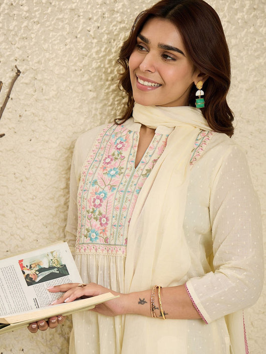 Dhiyona IE Floral Embroidered Mirror Work Pure Cotton Kurta With Trousers & Dupatta