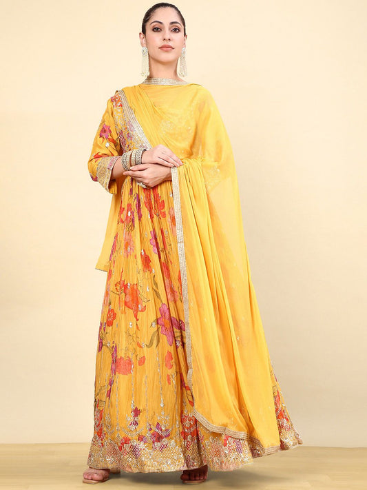 Dhiyona SO Women's Women Floral Embroidered Pleated Sequinned Kurta with Churidar & With Dupatta