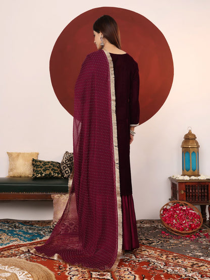 Dhiyona VA Women's Zari & Sequin Embroidered Neck Velvet Winter Kurta with Sharara & Dupatta