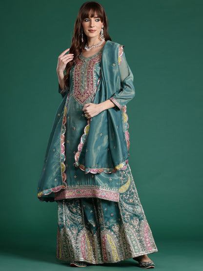 Ethnic Motifs Embroidered Sequinned Kurta with Palazzos & Dupatta