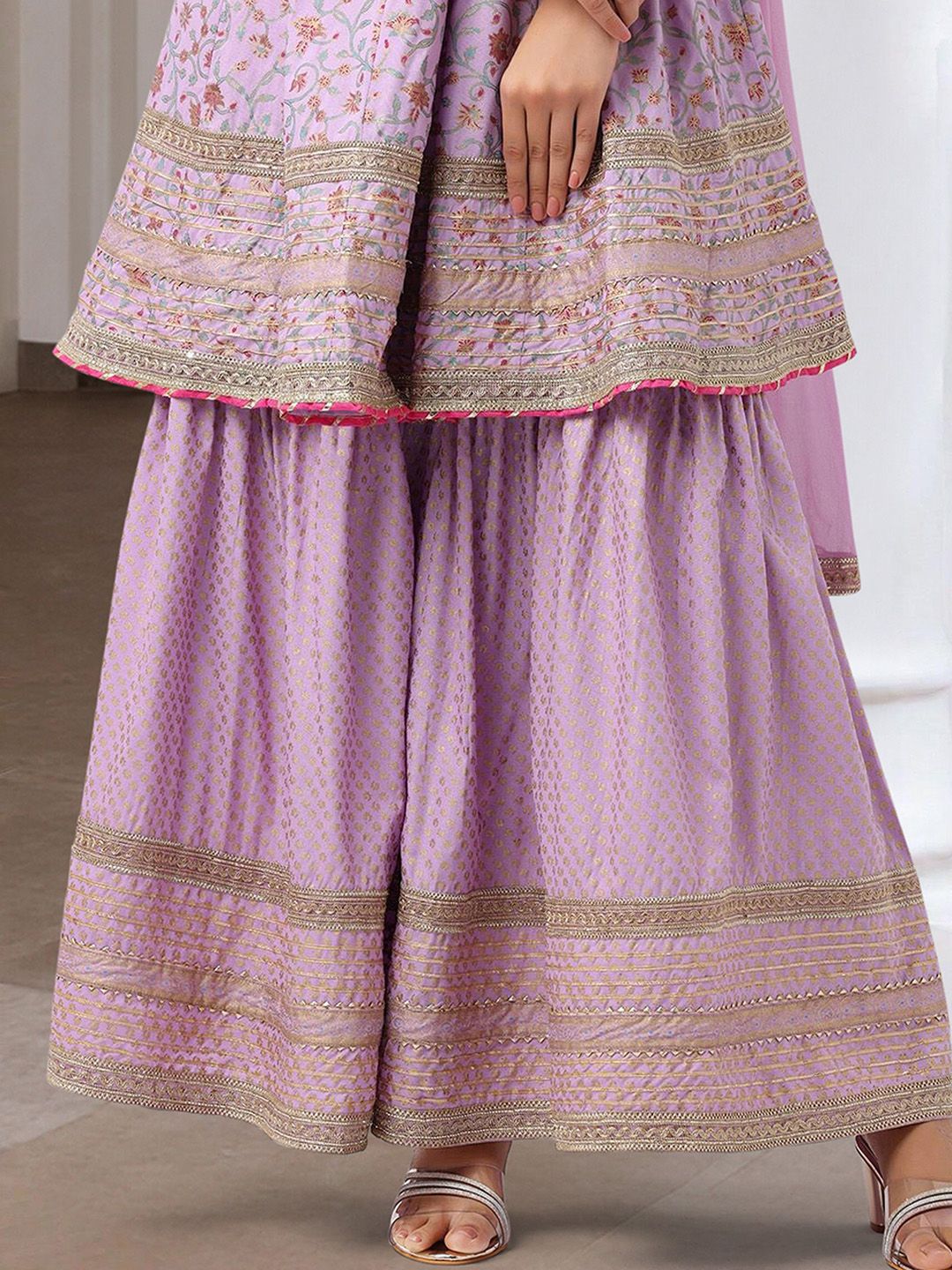 Dhiyona IS Women's Floral Printed Gotta Patti Pure Cotton Anarkali Kurta With Sharara And Dupatta