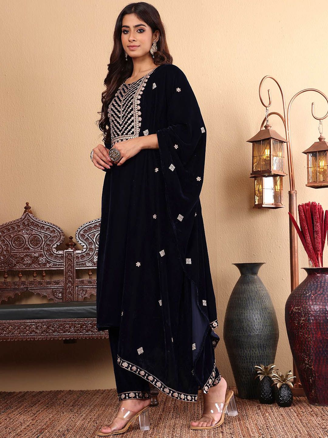 Dhiyona VA Women'sEthnic Motifs Embroidered Zari Velvet Kurta With Trousers And Dupatta