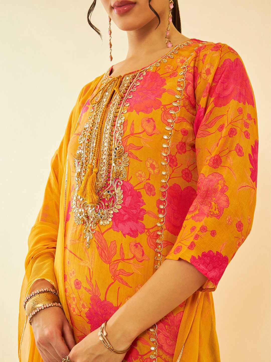Dhiyona SO Women's Floral Printed Regular Zardozi Kurta with Sharara & Dupatta