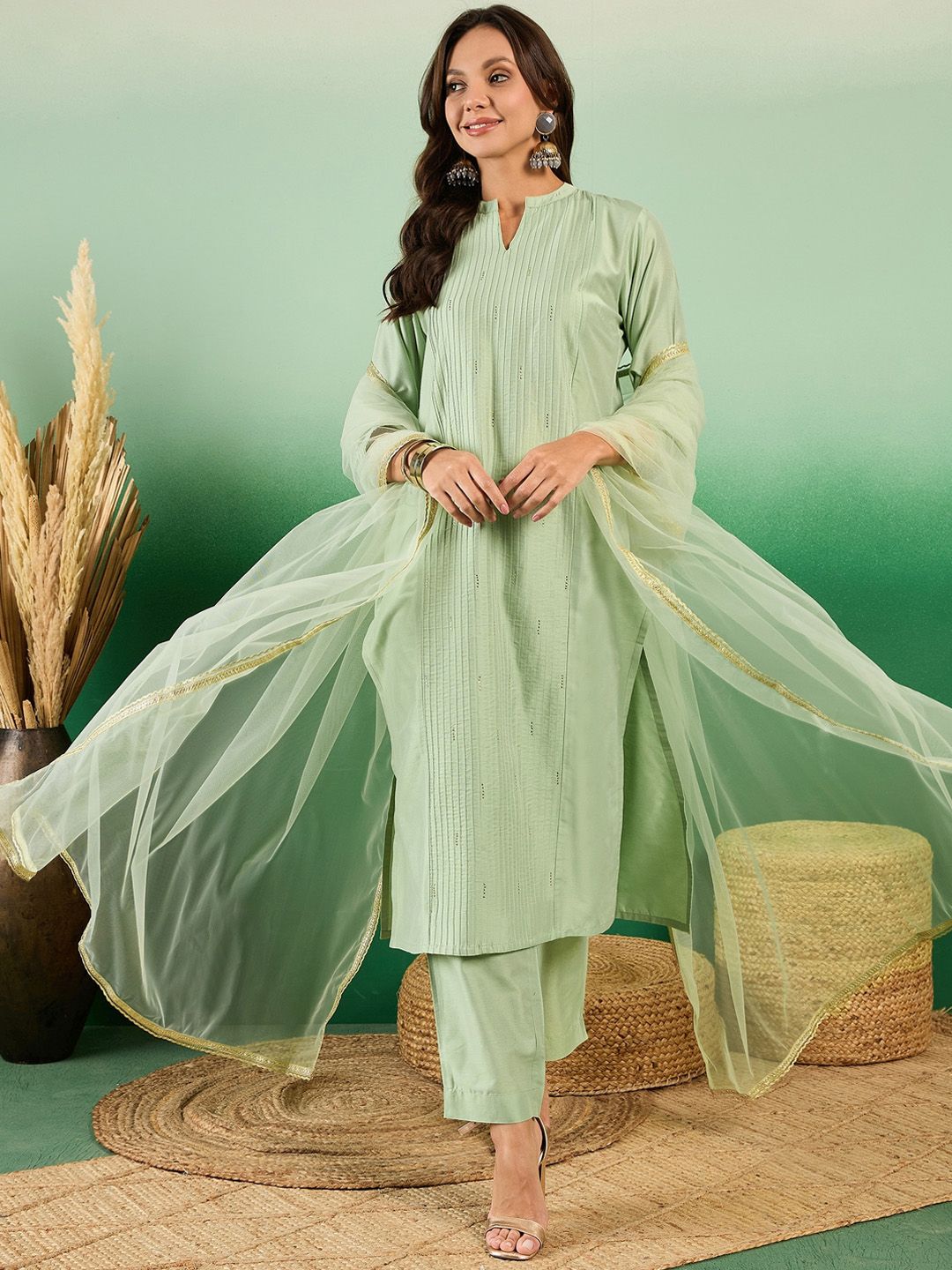 Dhiyona SN Women's Pure Cotton Band Collar Kurta With Trousers & Dupatta