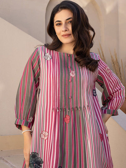 Dhiyona IE Striped A-Line Pure Cotton Kurta With Trousers