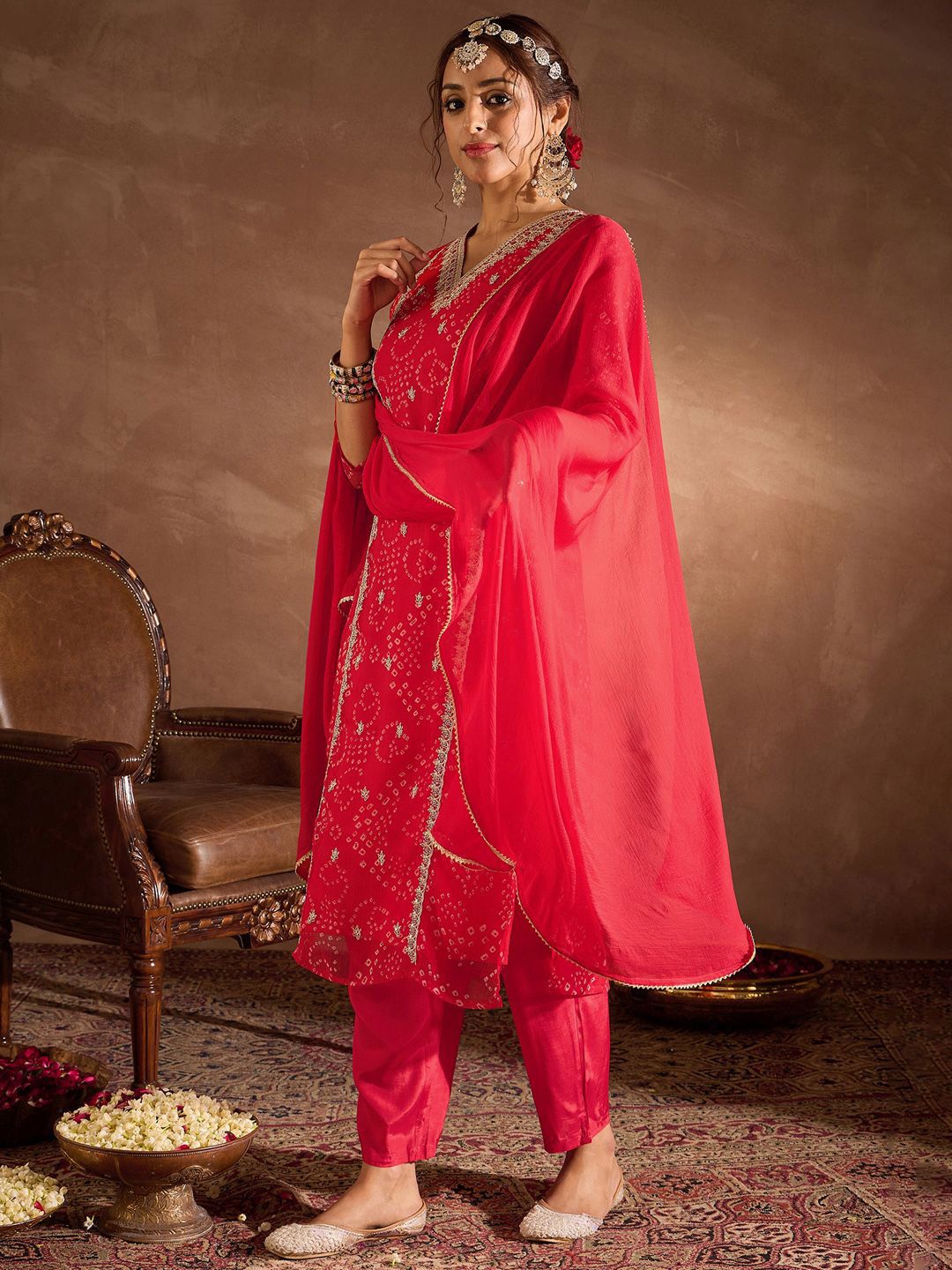 Dhiyona IE Bandhani Printed V-Neck Zari Silk Chiffon Straight Kurta With Trousers & Dupatta
