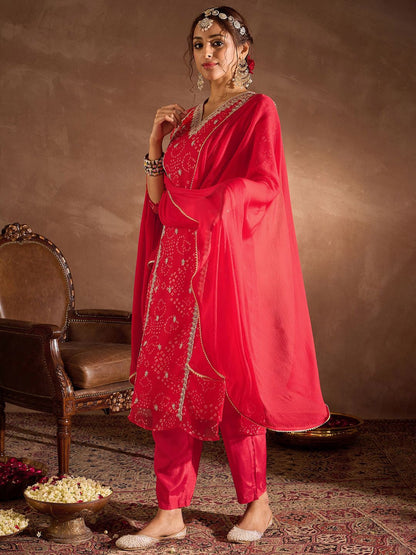 Dhiyona IE Bandhani Printed V-Neck Zari Silk Chiffon Straight Kurta With Trousers & Dupatta