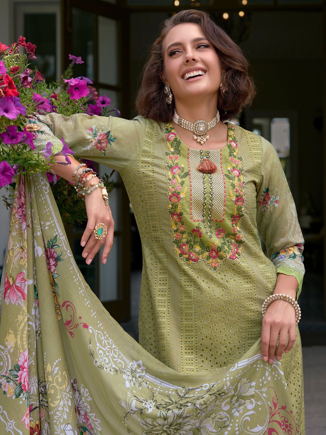 Floral Embroidered Mirror Work Pure Cotton Kurta With Trousers & Dupatta