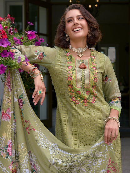 Floral Embroidered Mirror Work Pure Cotton Kurta With Trousers & Dupatta
