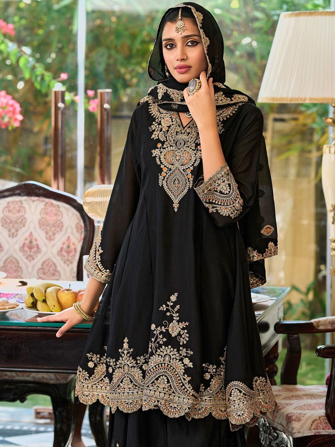Floral Embroidered Sequinned Chinon A-Line Kurta With Palazzos & Dupatta