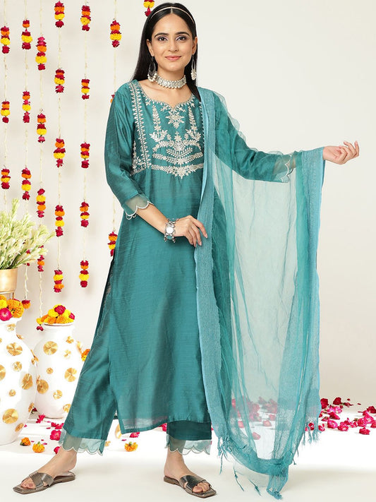 Dhiyona VA Women'sEthnic Motifs Yoke Design A-Line Kurta With Trousers & Dupatta