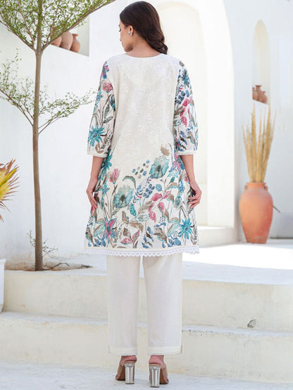 Floral Printed A-Line Pure Cotton Kurta With Trousers