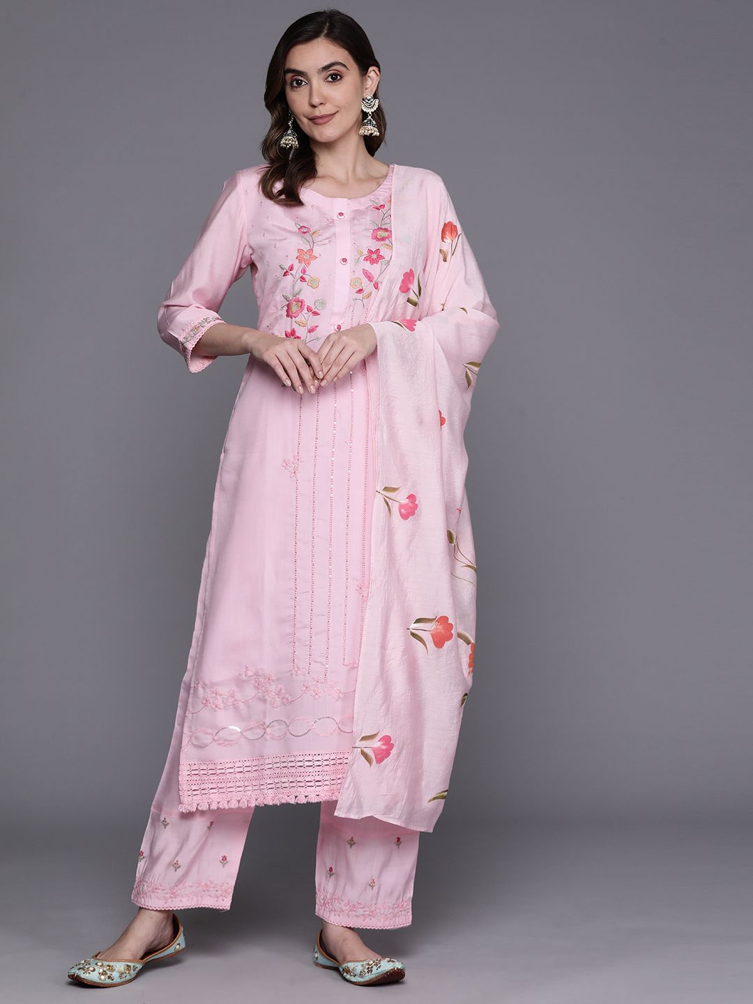 Women Floral Embroidered Regular Thread Work Kurta with Trousers & With Dupatta