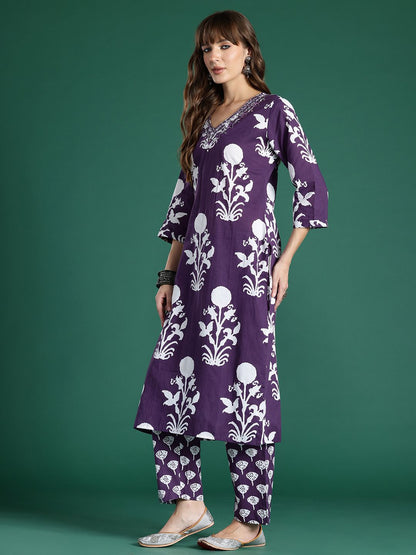 Dhiyona IE Floral Printed Mirror Work Pure Cotton Kurta with Trousers & With Dupatta
