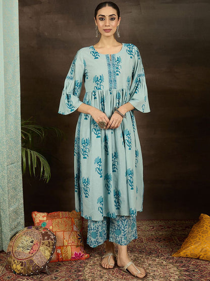 Dhiyona IE Women Floral Printed Pleated Pure Cotton Kurta Set