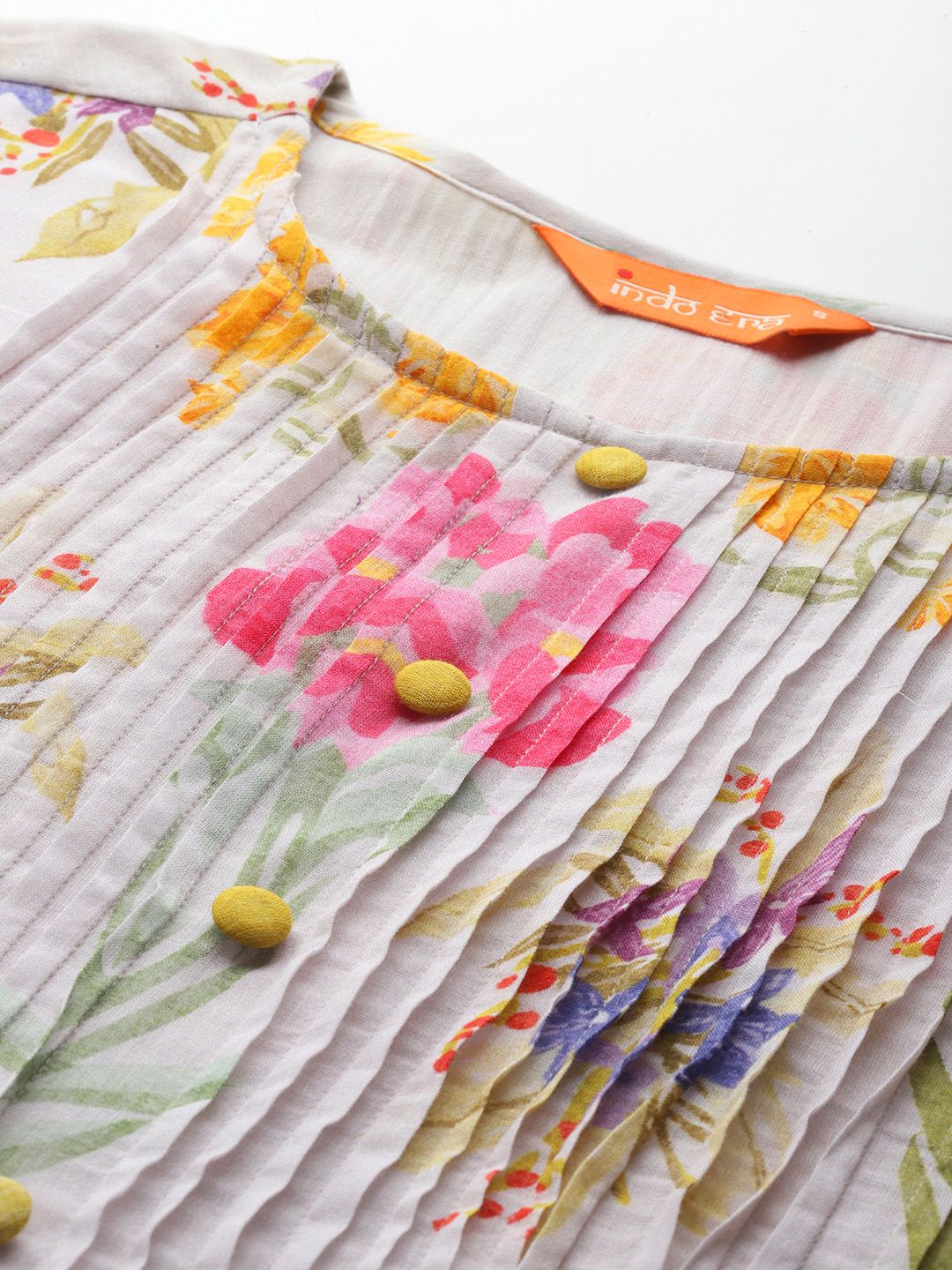 Floral Printed Pleated Pure Cotton A-Line Kurta with Trousers