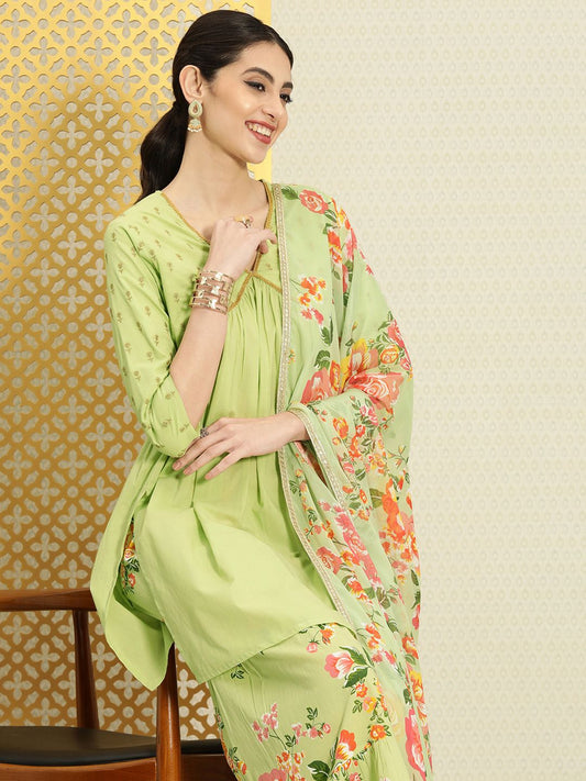 Dhiyona PD Women Women Pure Cotton Floral Empire Jashn Kurta with Sharara & Dupatta