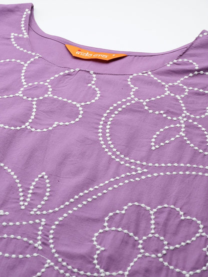 Floral Embroidered Thread Work Pure Cotton Kurta with Trousers