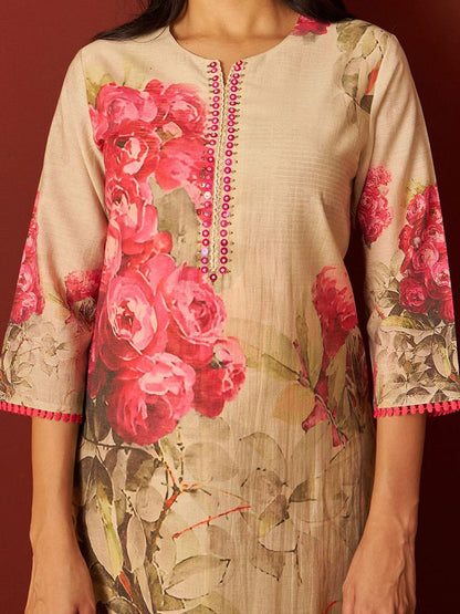 Dhiyona IE Floral Printed Notch-Neck Straight Kurta With Trousers And Dupatta
