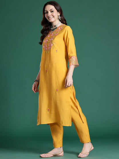 Floral Embroidered Thread Work Kurta with Trousers & With Dupatta
