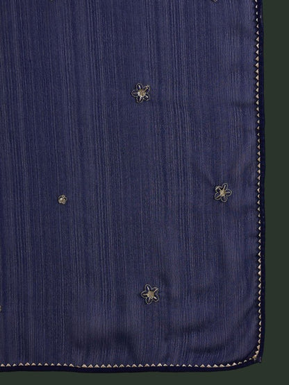 Women's Navy Blue Ethnic Motifs Embroidered A-Line Kurta With Trouser & Dupatta