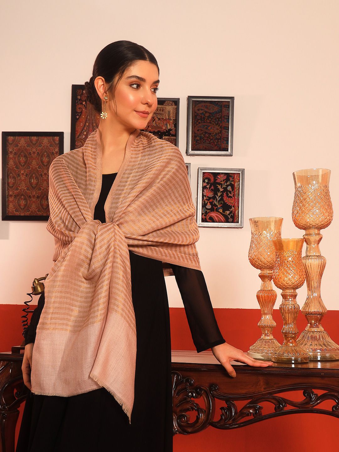 Dhiyona PA Striped Woven Design Woollen Reversible Shawl