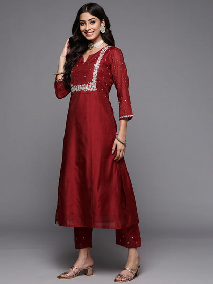 Dhiyona VA Women's Maroon Ethnic Motifs Embroidered Kurta with Trousers & With Dupatta