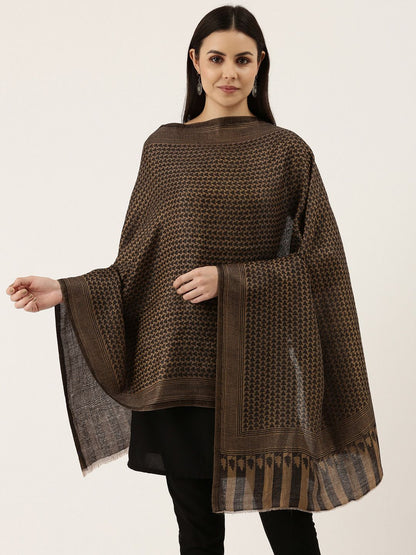 Dhiyona PA Women Black & Beige Colored Woven Design Fine Cashmere Woolen Shawl