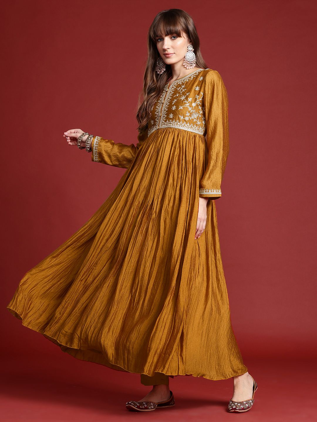 Floral Embroidered Pleated Zari Kurta With Trousers & Dupatta
