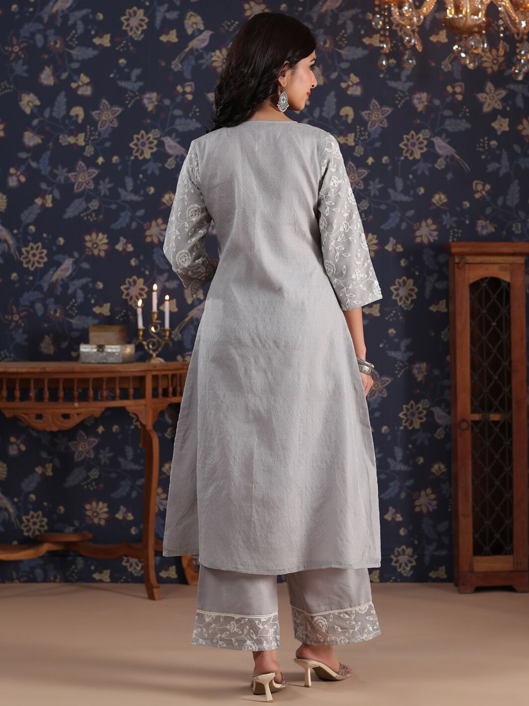 Dhiyona PD Women Floral Embroidered V Neck Sequinned A-Line Kurta With Palazzos