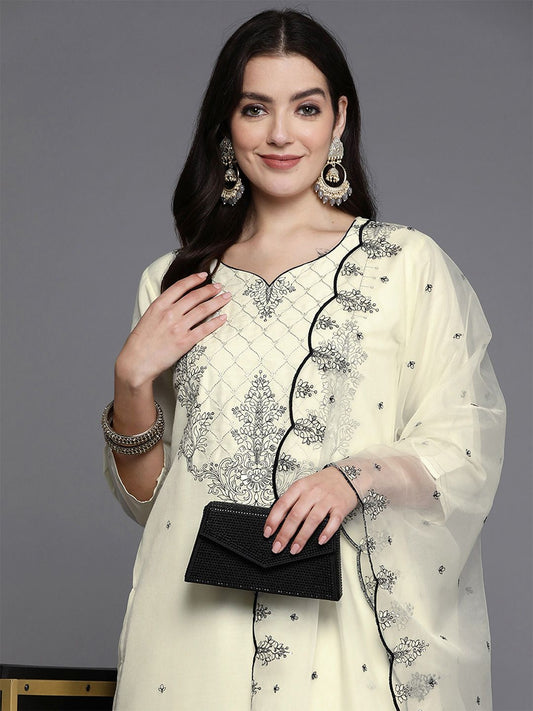 Dhiyona IE Women Ethnic Motifs Embroidered Regular Thread Work Kurta with Trousers & Dupatta