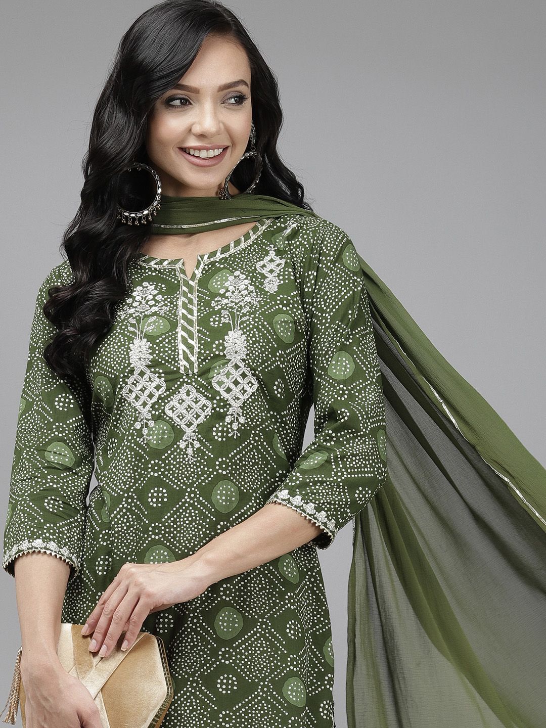 Women Green & White Bandhani Print Gotta Patti Kurta with Sharara & With Dupatta