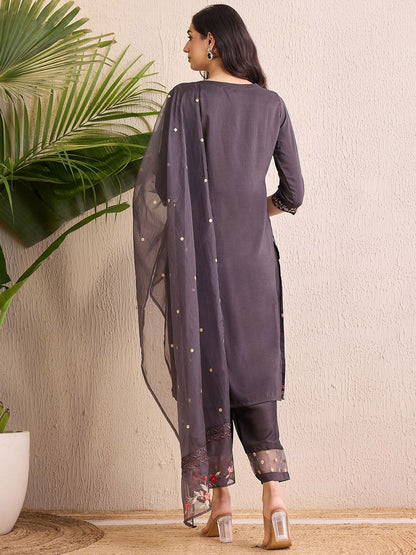 Dhiyona IE Floral Embroidered Notch Neck Straight Kurta With Trousers & Dupatta
