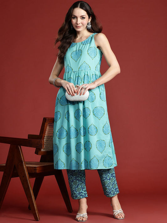 Dhiyona IE Floral Printed Pure Cotton Kurta with Trousers