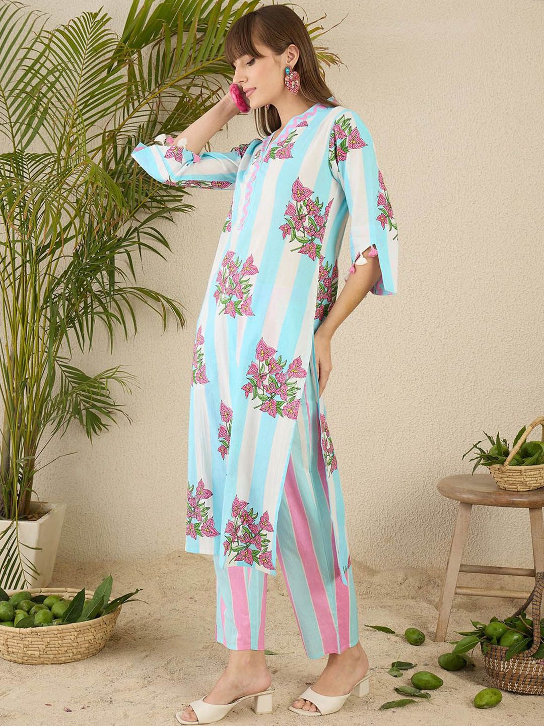 Floral Screen Printed V-Neck Pure Cotton Straight Kurta With Trousers