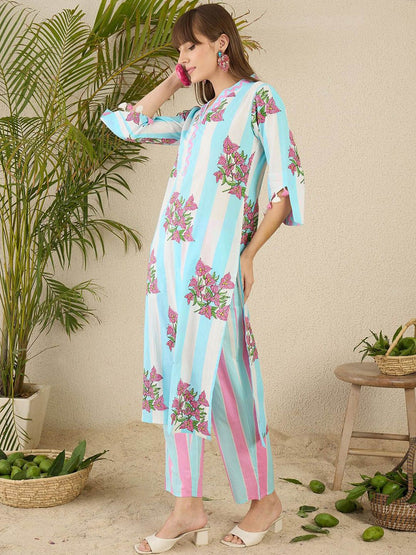 Floral Screen Printed V-Neck Pure Cotton Straight Kurta With Trousers