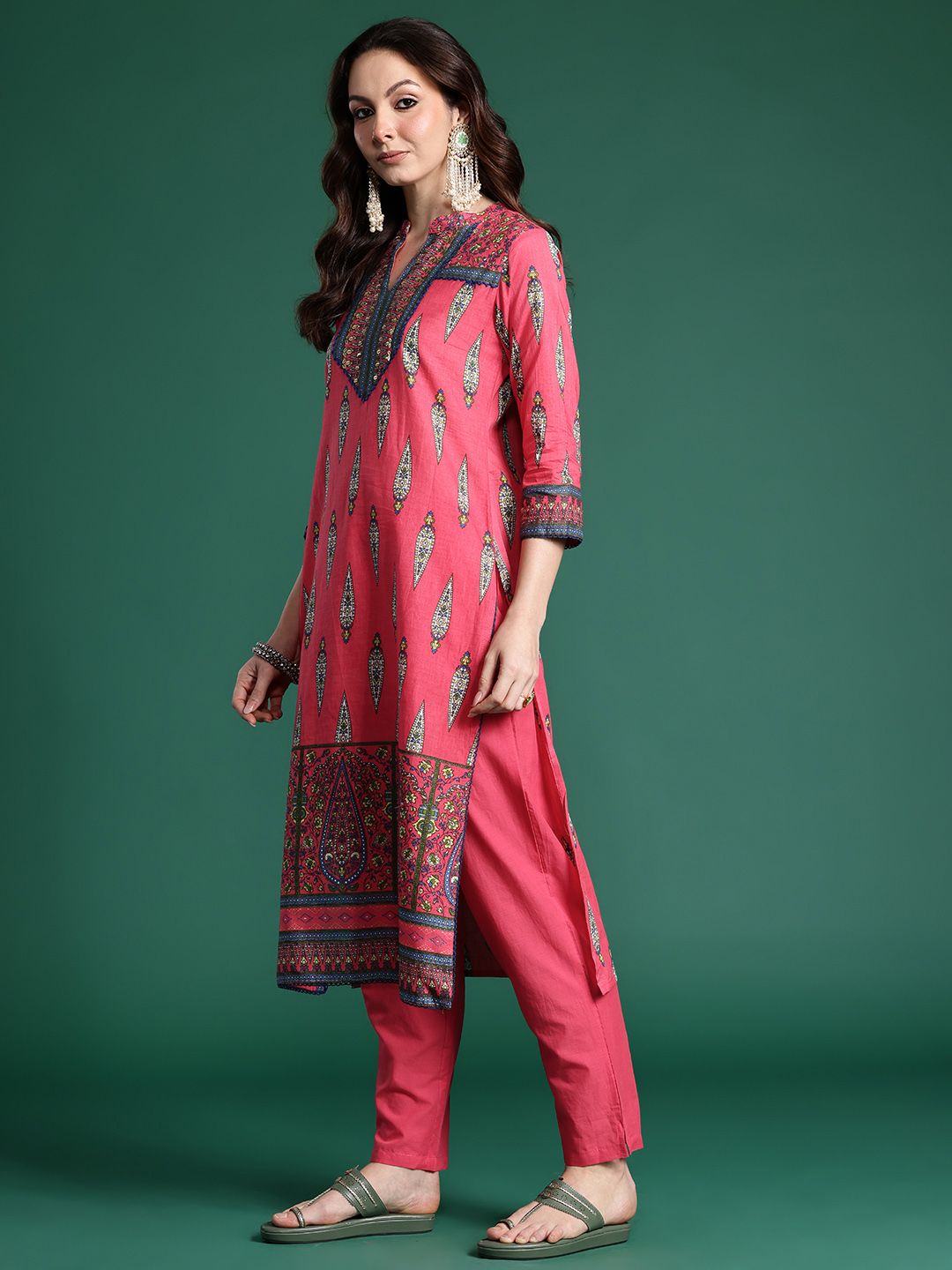 Ethnic Motifs Printed Pure Cotton Kurta with Trousers & Dupatta