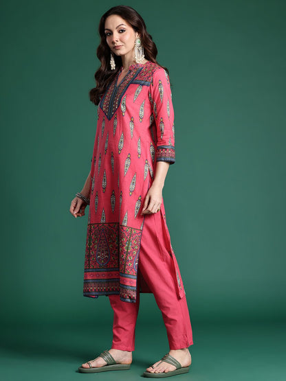 Ethnic Motifs Printed Pure Cotton Kurta with Trousers & Dupatta