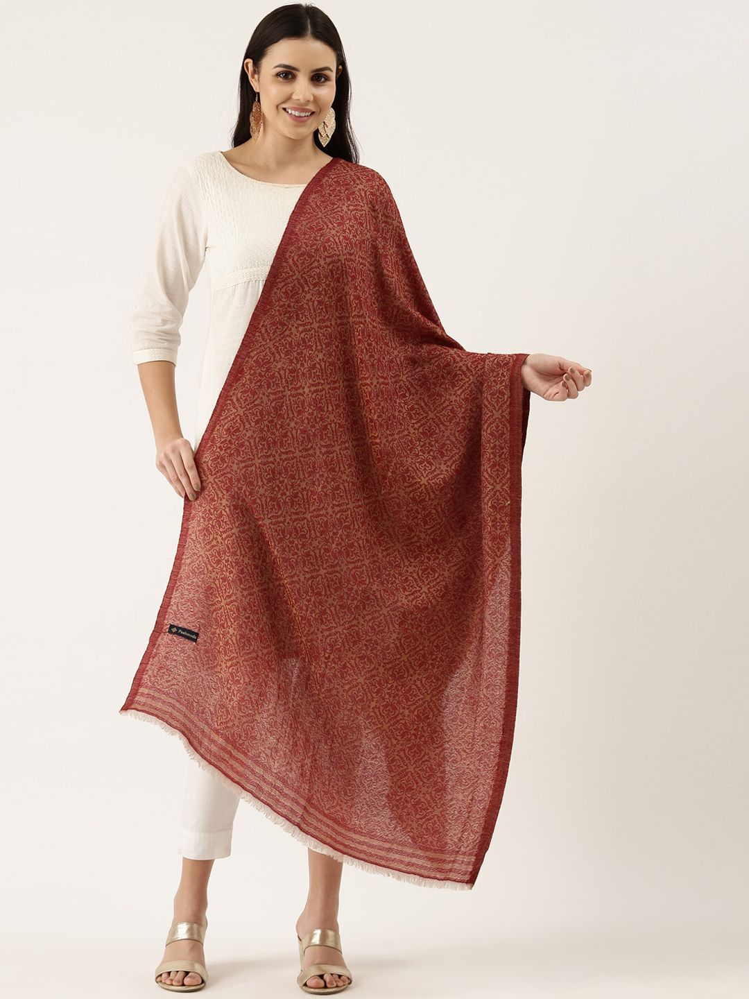 Dhiyona PA Women Maroon Woven Design Wool Shawl