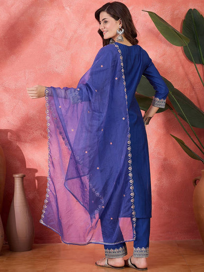 Dhiyona SN Women's Embroidered Zari Mirror Work Kurta Pant with Dupatta Set