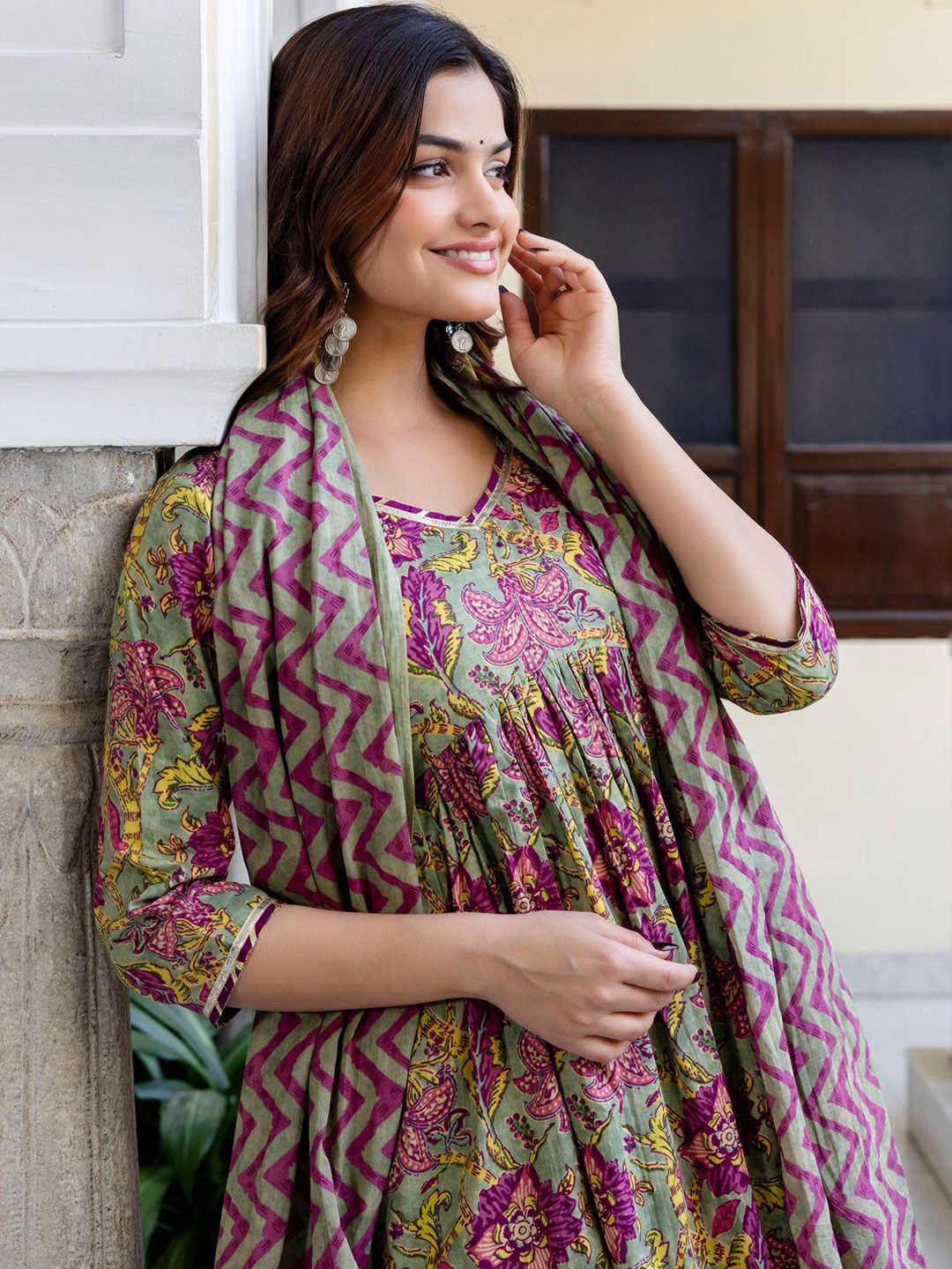 Floral Printed Empire Pure Cotton A-Line Kurta With Trousers & Dupatta